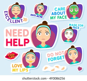 Collection of stickers for chat or sms, cute girl with different facial expressions in cartoon style.