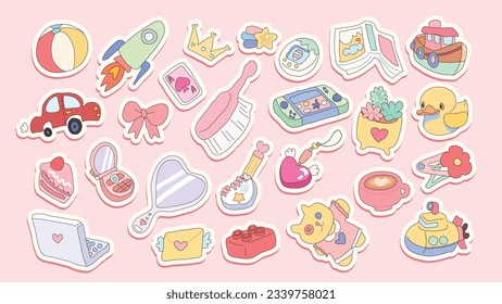 Collection of stickers for children's toys. Bright toys in a flat style.