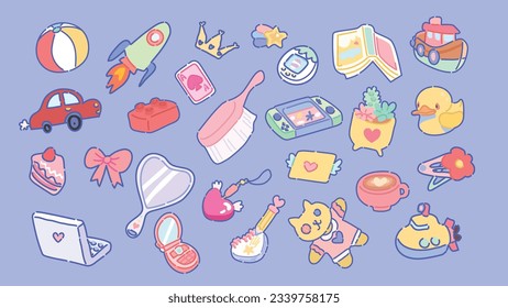 Collection of stickers for children's toys. Bright toys in a flat style.