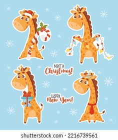 Collection stickers with Christmas giraffes. Cute animal with gift, garland, caramel candy cane and inscriptions Merry Christmas and Happy New Year. Isolated vector Funny character in cartoon style.