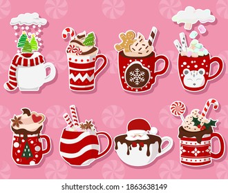 Collection of stickers with Christmas hot drinks: hot chocolate, cream, coffee, milk. Stickers of mugs with sweets, cookies and lollipops. Vector.