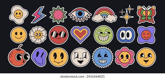 Eine Kollektion von Aufklebern mit coolen Cartoon-Emoticon-Figuren. Set von modischen, süßen, lustigen Patches. Pop-Kunstelemente und Retro-Stil.