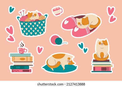 Collection stickers of cute cats and cosiness, cartoon style, vector illustration