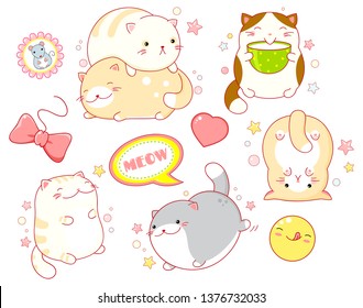 Collection of stickers with cute cats in kawaii style in different situations eating, sleeping, running, playing. EPS8