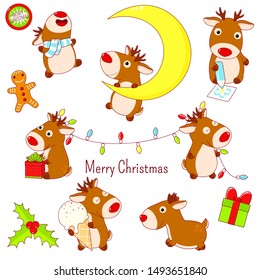 Collection of stickers with cute Christmas deers in kawaii style in different situations - with a xmas garland, on a crescent moon, runs, with ice cream, draws with a pencil. EPS8