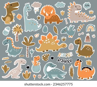 Collection of stickers with cute dinosaurs. Vector illustration for notebooks, greeting cards and scrapbooking