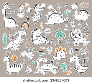 Collection of stickers with cute dinosaurs. Vector illustration for notebooks, greeting cards and scrapbooking