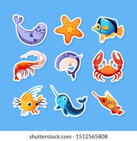 Collection of Stickers with Cute Friendly Sea Creatures, Colorful Adorable Marine Animals Vector Illustration