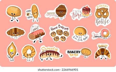 Collection of stickers with cute funny phrases about the bakery. bakery. Cute cartoon character in different poses. bread, loaf, cookies and other homemade pastries