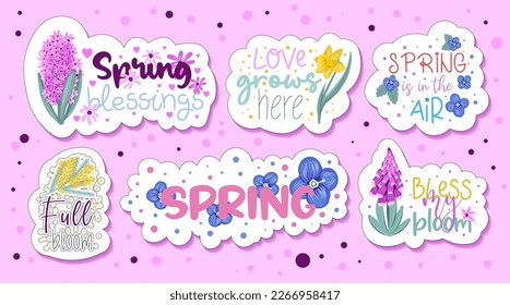 A collection of stickers with cute inscriptions and receipts. spring flowers hyacinth, narcissus and mimosa. Cute spring stickers for planner.