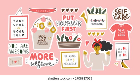 Collection of stickers for daily planner, diaries, scrapbooking isolated. Self love, self care, self support, mental health, compassion, feminism,  concept. Vector hand drawn cartoon illustration. 