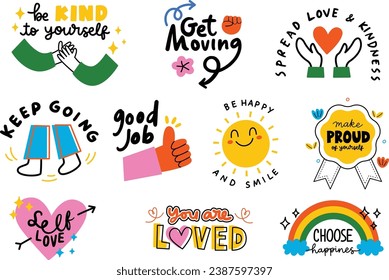 Collection of stickers for daily planner, diaries, scrapbooking isolated. Self love, self care, self support, mental health, compassion, feminism, concept. Vector hand drawn cartoon illustration.