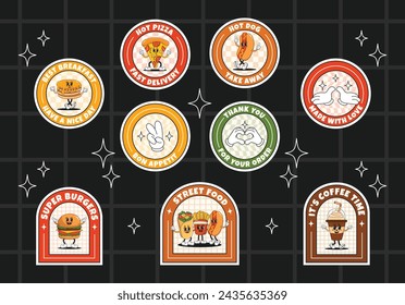 Collection of stickers for delivery, bar, cafe restaurant. Set of stickers with fast street food. Trendy vector illustration in retro groovy style. Funny food characters. 