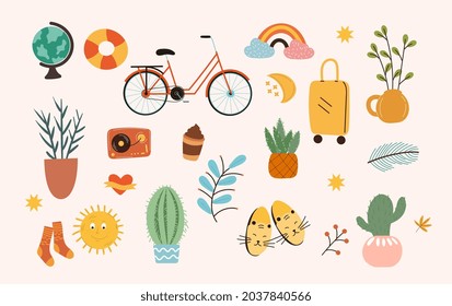 Collection of stickers for diary. Colorful icon with bicycle, cactus, suitcase, sun, rainbow and globe. Design element for social network, notebook. Cartoon flat vector set isolated on pink background
