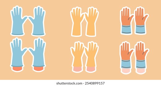 Collection stickers of different rubber gloves. Hand in rubber gloves