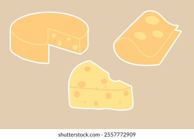 Collection stickers of different types of cheese French cuisine