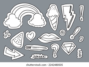 Collection of stickers with doodle style. Set of cartoon stickers, patches, badges, pins, prints for kids. Doodle style. Vector illustration.