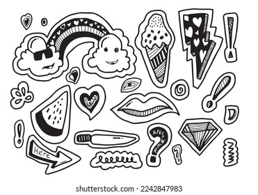 Collection of stickers with doodle style. Set of cartoon stickers, patches, badges, pins, prints for kids. Doodle style. Vector illustration.