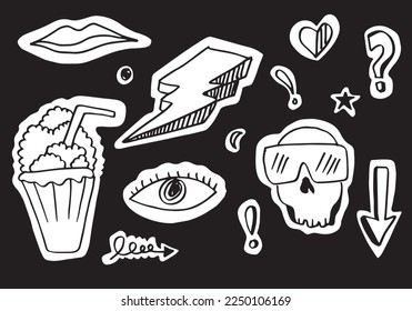 Collection of stickers with doodle style. Set of cartoon stickers, patches, badges, pins, prints for kids. Doodle style. Vector illustration.