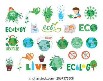 Collection of stickers of ecology and protection of the surrounding world.