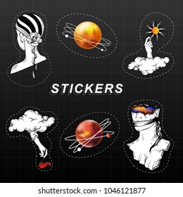 Collection stickers. Engraving style. Vintage elegant science set. Sacred geometry, magic, esoteric philosophies, tattoo, art. vector illustration 