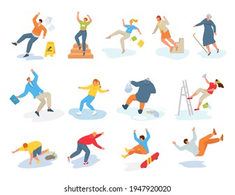 Collection stickers with falling people, vector illustration. Adult man woman character fall on slippery surface. Dangerous action, hurted person.