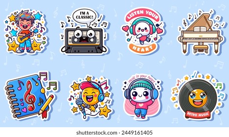 Una colección de stickers con personajes de dibujos animados con Elementos musicales, como una guitarra y notas, sobre un fondo azul, que representan varios conceptos musicales. Ilustración vectorial