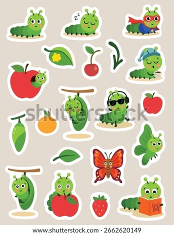Collection of stickers featuring the life cycle of cute caterpillars and butterflies
