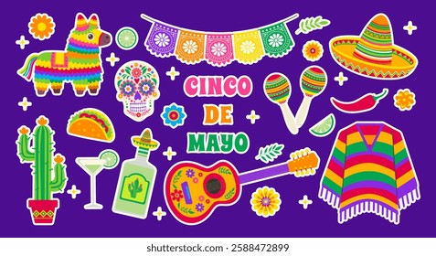 A collection of stickers featuring Mexican culture and the month of May. The stickers include a guitar, a skull, a sombrero, a cactus, a margarita glass, and a poncho