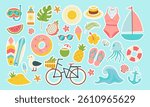 A collection of stickers featuring various beach and summer-related items such as a surfboard, sunglasses, a bicycle, a boat, and a pineapple