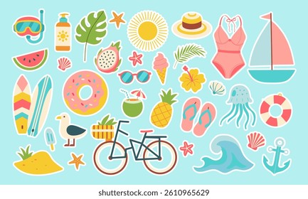 A collection of stickers featuring various beach and summer-related items such as a surfboard, sunglasses, a bicycle, a boat, and a pineapple