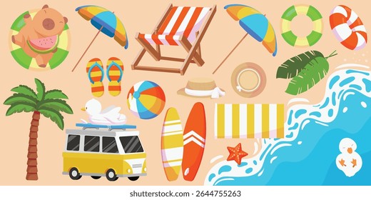 A collection of stickers featuring various beach and summer-related items