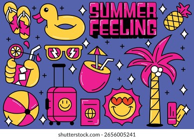 Una colección de pegatinas con varios artículos relacionados con la playa y el verano, como Sun, Passport, maleta, hielo de coco joven, coco, bola y gafas de sol