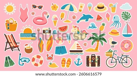 A collection of stickers featuring various beach and summer-related items such as umbrellas, boats, and sunglasses