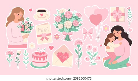 A collection of stickers featuring a woman and child, with a variety of flowers, balloons, and other decorations. The stickers convey a sense of love and warmth, and the overall mood is happy