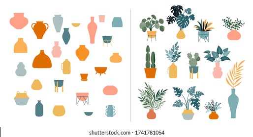 Collection of stickers and floral design elements, plants, rainbow and leaves, hand drawn in trendy doodle style. Colorful vector illustrations and prints