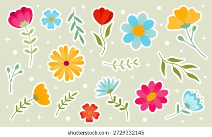 Colección de pegatinas con flores en estilo doodle plano sobre fondo verde claro. Conjunto de flores coloridas de primavera. Pegatinas florales y florecientes de primavera. Diseño de arte de Clip. Ilustración vectorial. 