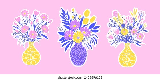 Collection of stickers with  flowers in vases. Vector illustration easy to change colors and transform.