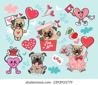 Sammlung von Aufklebern mit lustigen Cartoon Pug Hunde und Herzen mit Augen auf blauem Hintergrund. Vektorgrafik-Set für den Valentinstag