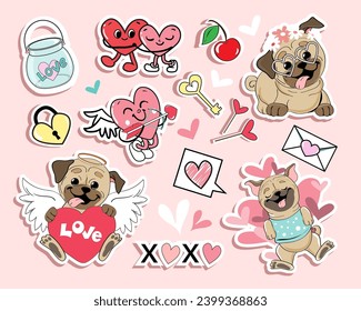 Collection of stickers with funny cartoon pug dog and hearts with eyes. Vector illustration for Valentine's Day