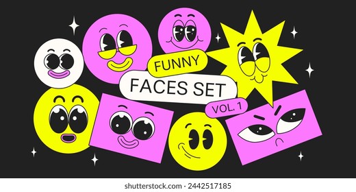 A collection of stickers with funny faces and emotions. In trendy bright colors. Retro groovy style. Vector illustration.