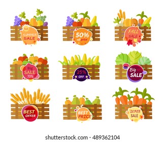 Collection of stickers for grocery sale. Fruits and vegetables sale in wooden boxes. Summer autumn fall sale conceptual banners. Editable element for design. Big sale offer. Vector illustration