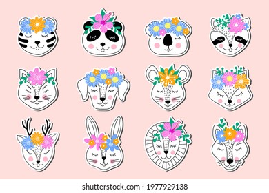 Collection of  stickers of hand drawn animals on pink background.
