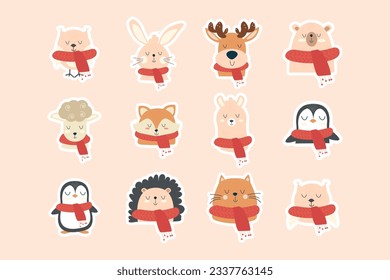 Collection stickers of hand drawn different animals in scarves. Winter, autumn, Christmas