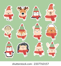 Collection stickers of hand drawn different animals in scarves, hat. Winter, autumn, Christmas