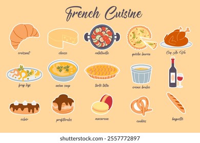 Collection stickers hand drawn french cuisine foods 