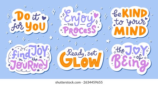 Collection of stickers with hand lettering phrases. Vector illustration with inspirational clip art quotes. Designs with inspirational themes for stationery, card, or social media.