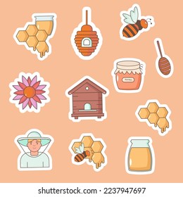 Collection of stickers honey. Bee, hive, honeycomb.