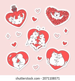 Collection of stickers with kitties in love. Doodle illustrations of kawaii white cats and hearts. St. Valentine's day set. Vector 10 EPS.