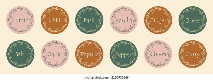 Collection of stickers or labels for jars of spices.  Food stickers for marking jars and containers. Organization of pantry space.